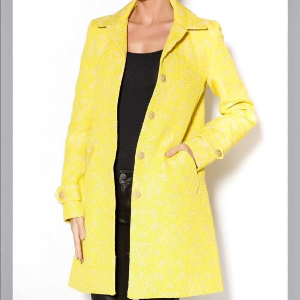 Desigual Car Coat Jacket Yellow Quilted Paisley Pockets Spain Size 36 Small